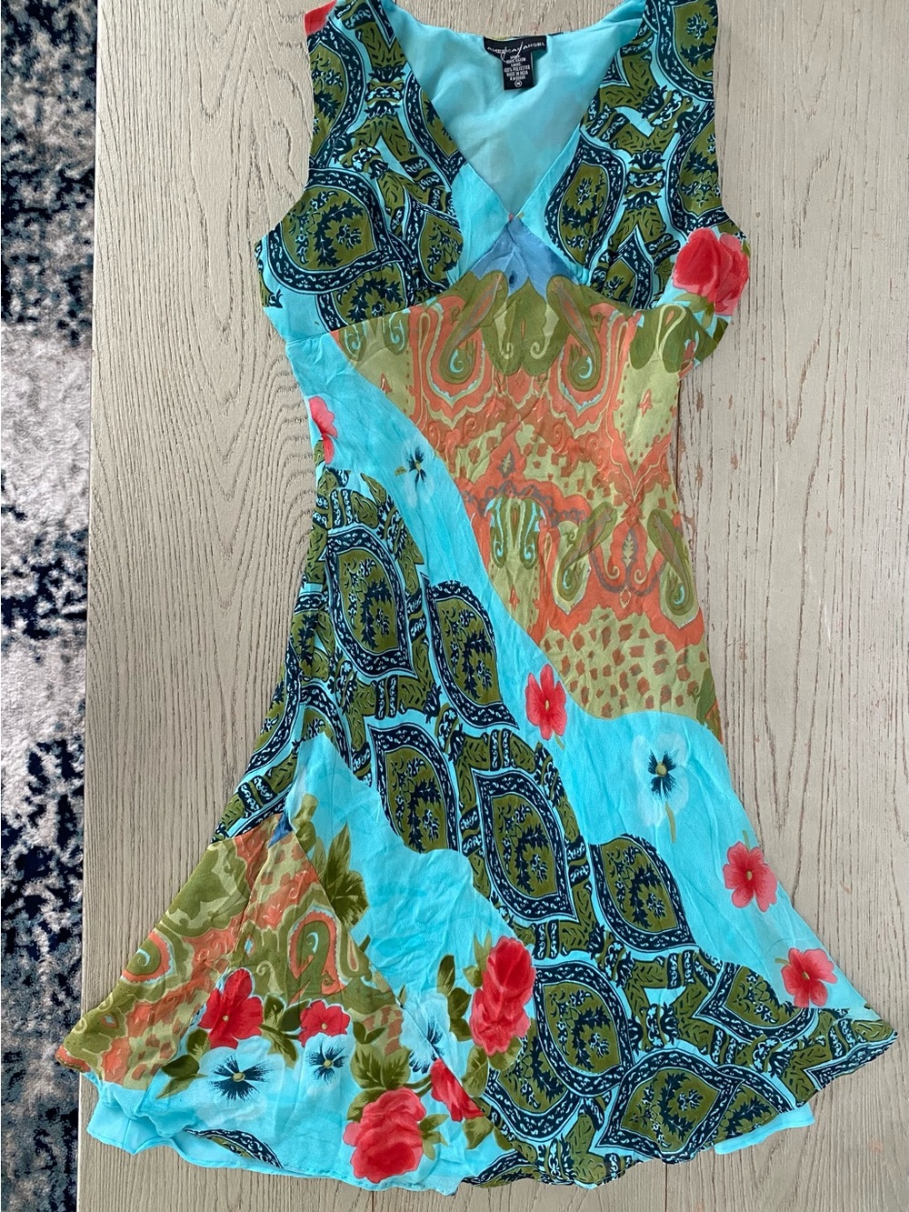 Turquoise Floral Patchwork V-Neck Midi Dress